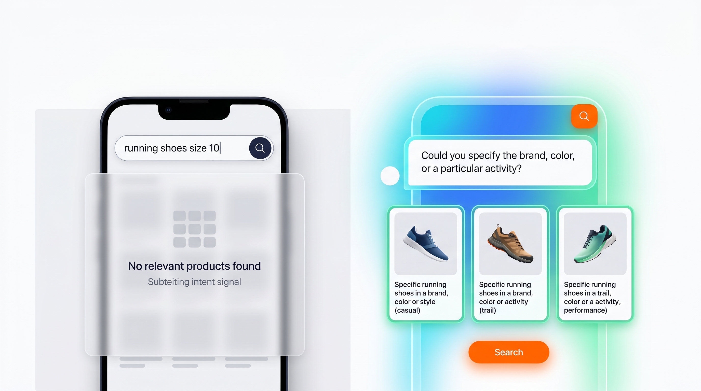 Comparison of failed search results vs ShopAssist conversational product discovery